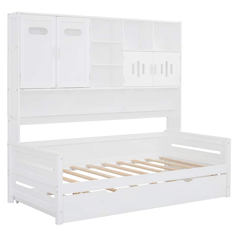 Space-Saving Twin Size Daybed with All-in-One Cabinet, Wooden Platform Bed Frame with Twin Trundle & Shelf, No Box Spring Needed