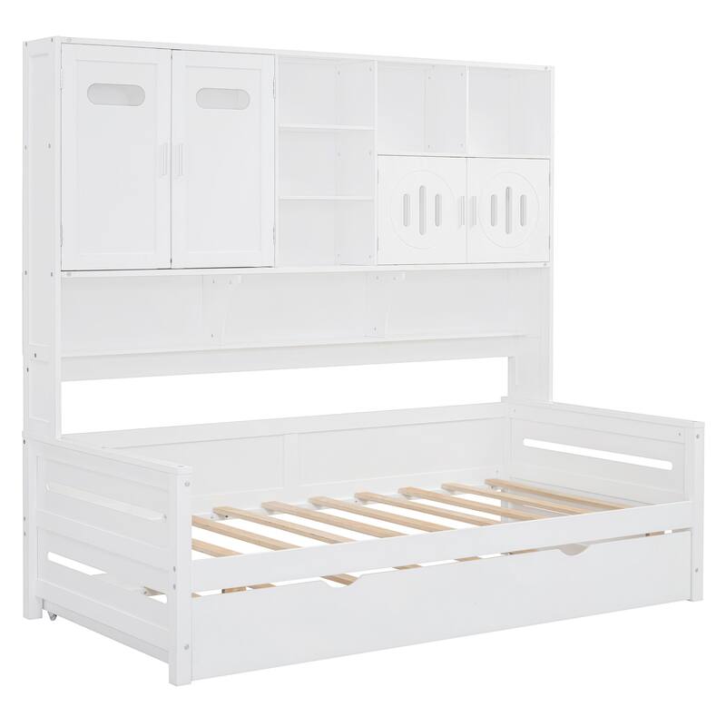 Twin/Full Size Wooden Daybed with Twin Size Trundle and All-in-One Cabinet, Modern Sofa Bed Frame with Storage Shelves