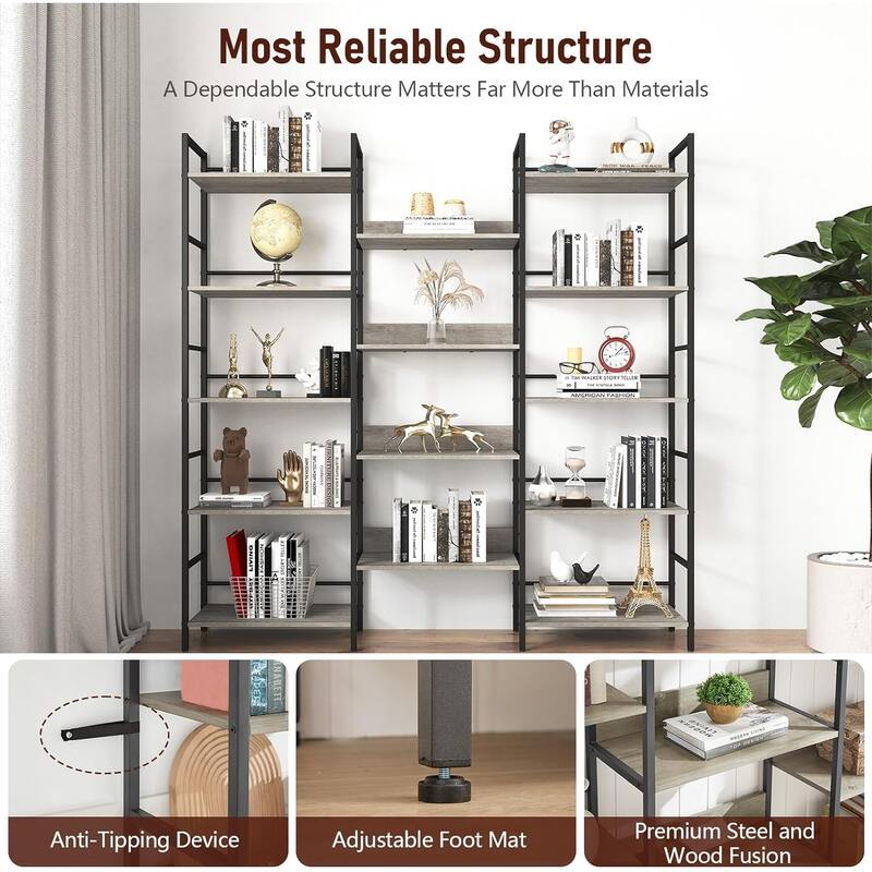 5 Tier Bookshelf Triple Wide Industrial Bookshelves and Bookcases, Large Open Display Shelf