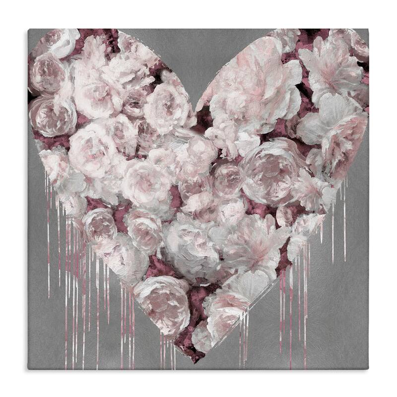 Stupell Pink Rose Heart over Grey with Paint Drip Canvas Wall Art - 17 x 17