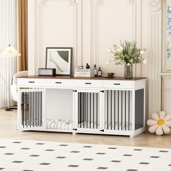 Dog Crate Furniture - Wood Dog Kennel Cages with Divider and 4