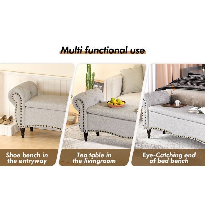 53" Length Upholstered Bench, Ottoman with Safety Hinge and Rolled Arm