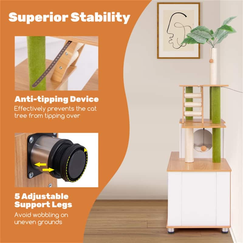 Cat Tree with Cabinet & Condo, Scratching Posts, Interactive Toys & Odor-Free Enclosure - 31.5" x 19" x 69"
