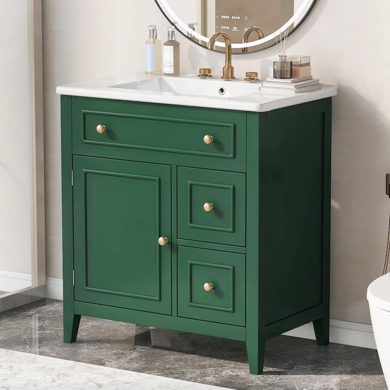30'' Solid Wood Bathroom Vanity with Cabinet, 2 Drawers, and Ceramic Sink - Green