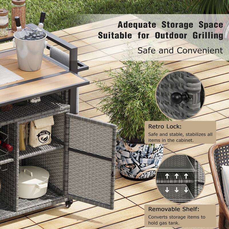 52.8"W Wicker Outdoor Grill Cart with Extended Plastic Wood Table Top & Storage Cabinet