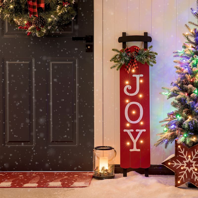 Glitzhome 40"H Lighted or Plaid Wooden JOY Porch Sign - Red