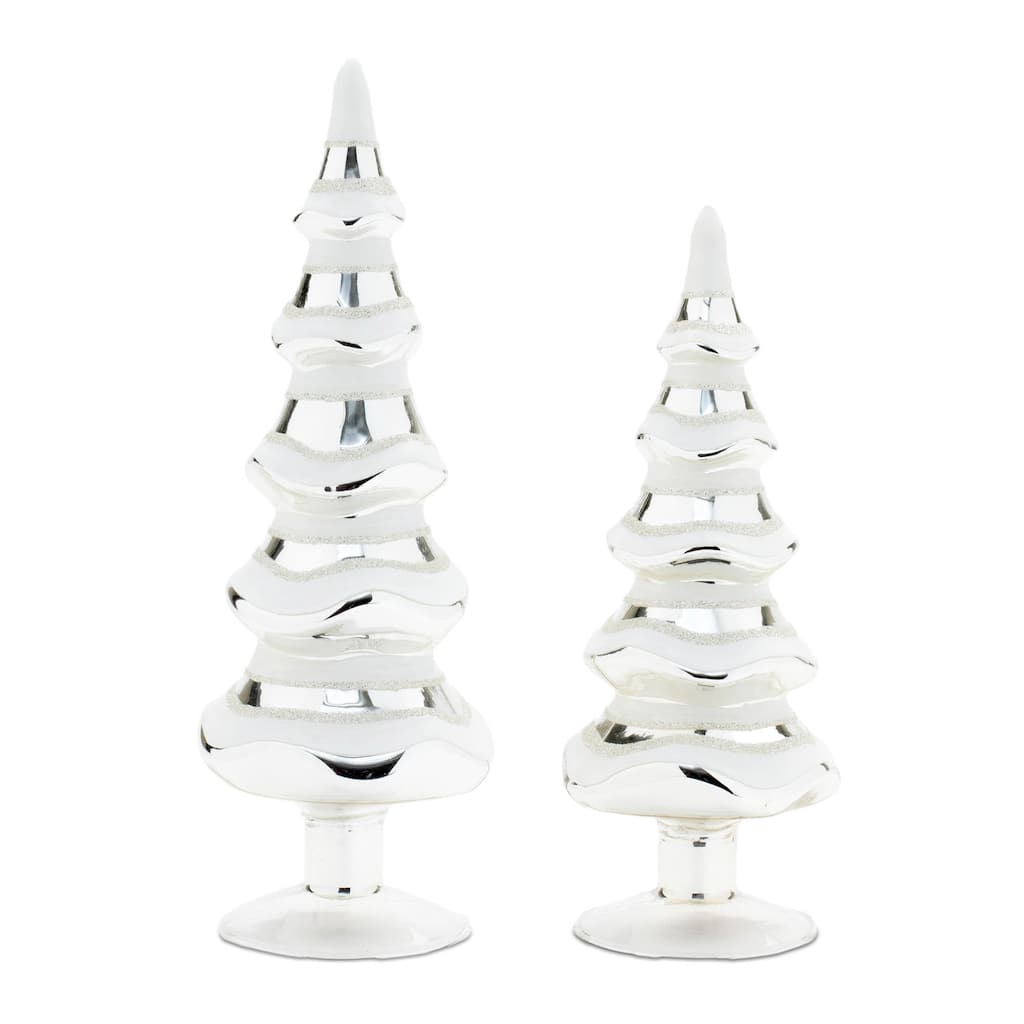 Glass Pine Tree Set of 2 with Glitter and Metallic Accents - 3.75” x 3.75” x 11.5” (L x W x H)