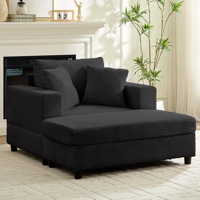 Mixoy Corduroy Chaise Lounge Deep Seat Sleeper Sofa Chair with Storage Ottoman,Upholstered 1-Seater/Loveseat Sofa Couch - 1-Seater Sofa - Dark grey
