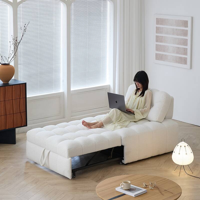 JASIWAY White Teddy Pull-Out Single Sofa Bed - Teddy Plush-Ivory