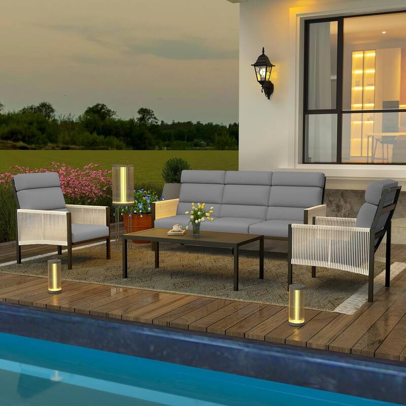 AECOJOY 4 Pieces Outdoor Aluminum Patio Furniture Set with Coffee Table, Morden Outdoor Patio Sectional Furniture Set