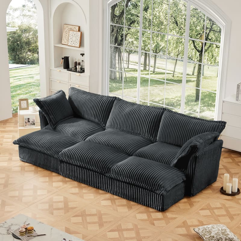 Living Room Corduroy Slipcovered 3-Seat Sofa with 3 Ottomans