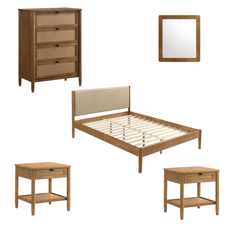 Roundhill Furniture Vichy 5-Piece Rattan Bedroom Set with Upholstered Queen Bed, Chest, Dresser, Mirror, and 2 Nightstands