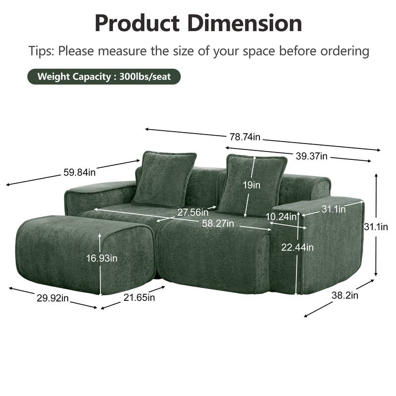 GDFStudio - Streamlined Velvet 2-Seater 78.74" Modular L-Shaped Sofa with Ottoman