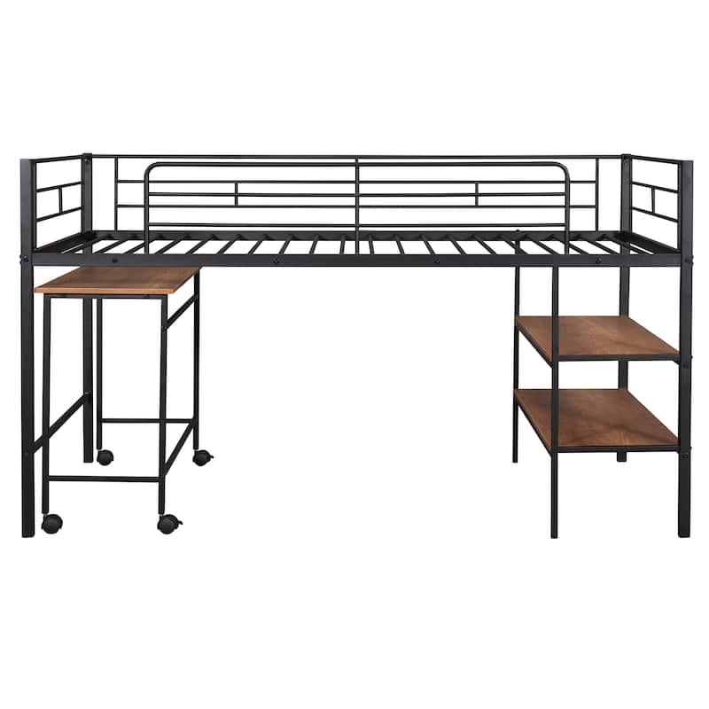 Black Twin Size Metal Loft Bed with Desk and Shelves for Kids, Teens, Girls, Boys