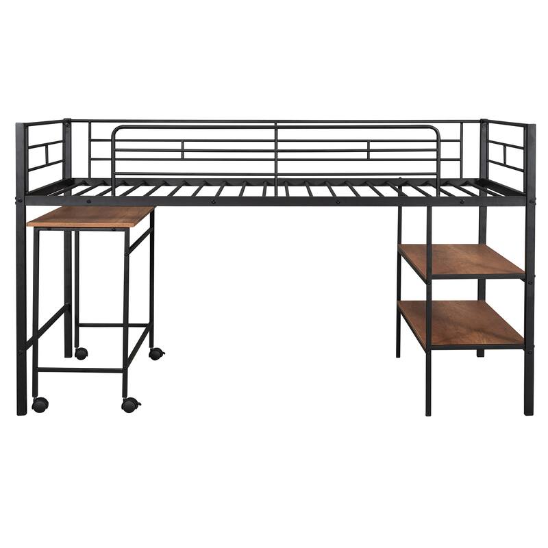 Twin Size Metal Loft Bed with Desk and Shelves in Black