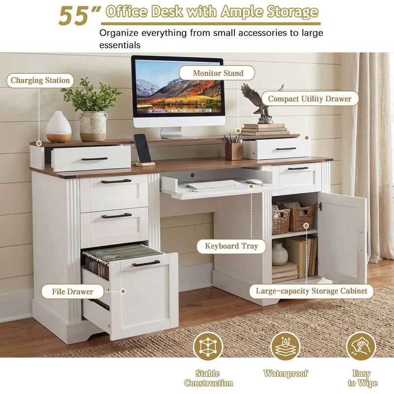 59" Farmhouse Office Desk With Charging Station & Storage Cabinet, Barn Door Design Home Office Study Desk with File Drawer