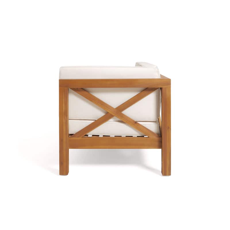 Roomfitters X-Back Corner Bench with Coffee Table, Outdoor Wooden Patio Sofa with Cushions for Garden or Porch