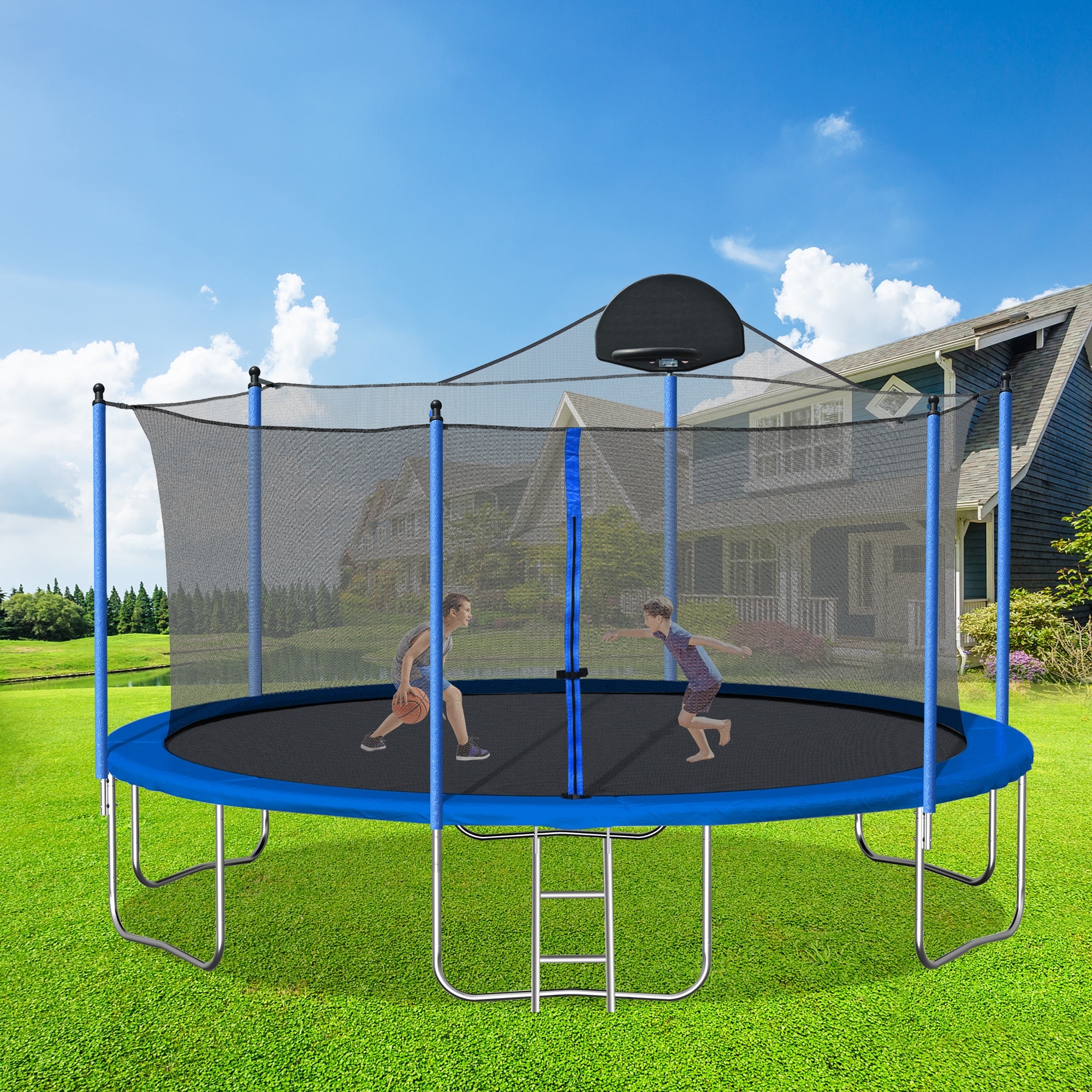 Blue Sports Fitness Trampoline Outdoor Recreational Trampolines with Enclosure Net and Basketball Hoop for All Ages 14FT Bed Bath Beyond 40534884