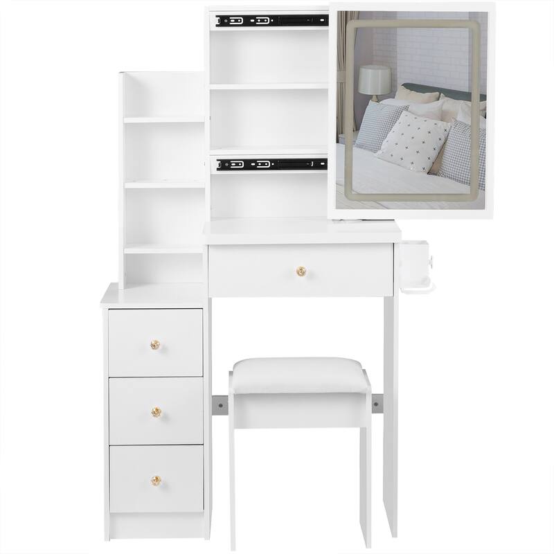 Makeup Vanity Desk with Slidding LED Lighted Mirror, Power Outlet & Hair Dryer Bracket, Small Dressing Table Set with Stool