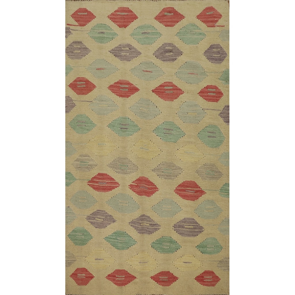 Hand Woven Oriental 100% Wool Carpet Southwestern Modern Beige & Ivories Kilim Area Rug - 5' 0'' X 3' 0''