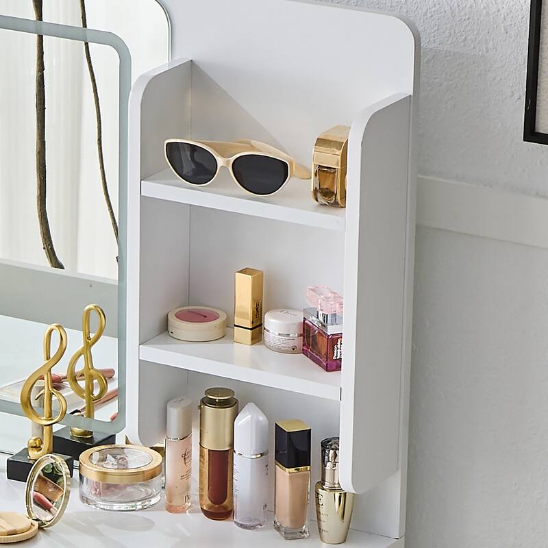 Modern Makeup Vanity Desk with LED Lights & Mirror, Extendable Dressing Table Set with Stool, 4 Drawer & Side Cabinet