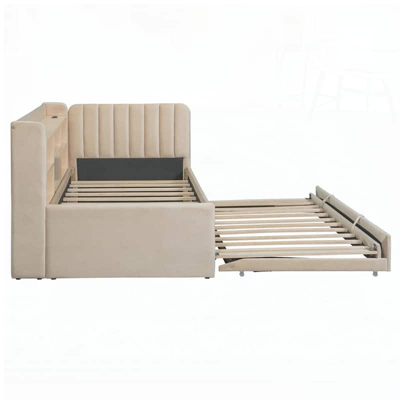 Upholstered Daybed with Trundle and Storage Shelves