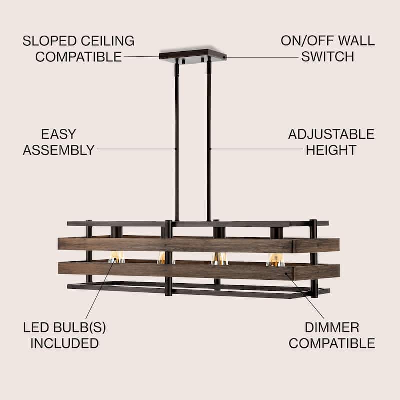 Lyla 34" 4-Light Rustic Farmhouse Iron Linear LED Pendant, Wood Finished/Oil Rubbed Bronze by JONATHAN Y - 4 Light