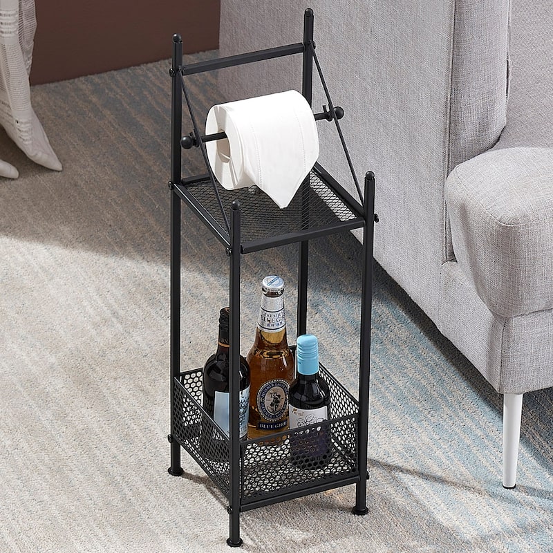Modern 2-Tier Bathroom Paper/ Towel Rack, Free Standing Toilet Paper Utility Storage Shelf Rack, Black