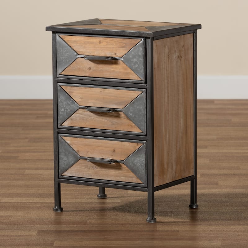 Baxton Studio Laurel Rustic Industrial Antique Grey Finished Metal and Whitewashed Oak Brown Finished Wood 3-Drawer End Table