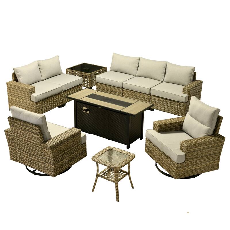 HOOOWOOO 10-piece Rattan Wicker Patio Outdoor Furniture Fire Pit Set with Swivel Rocking Chairs