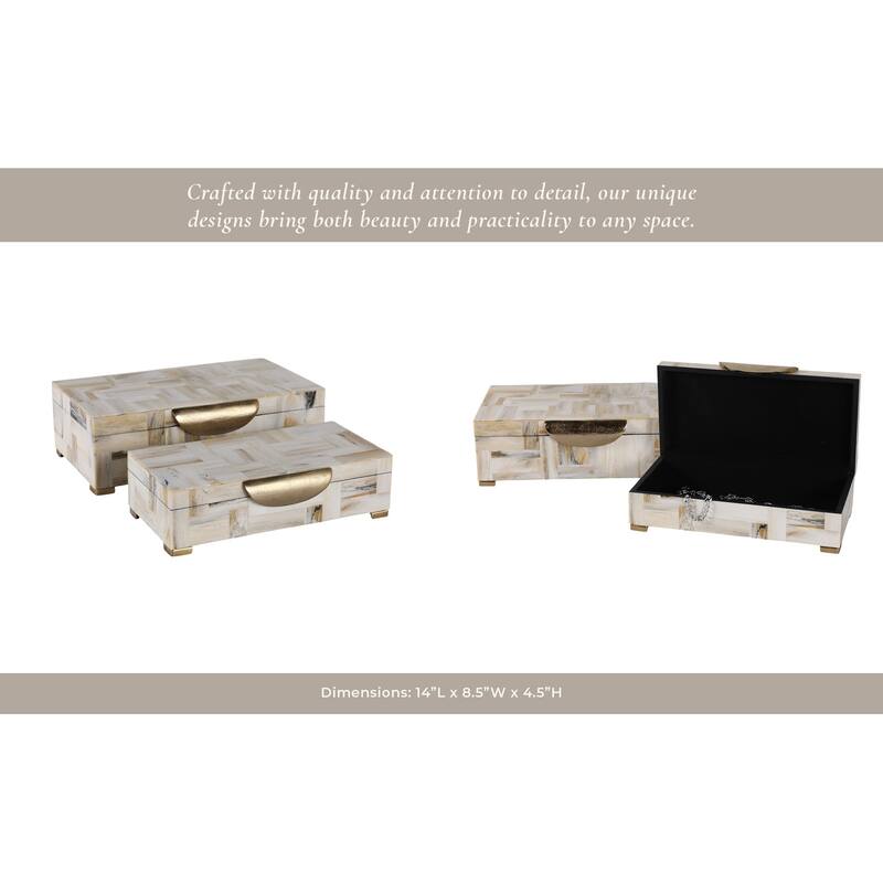 Resin Wood Decorative Boxes Handles Mosaic (Set of 2) - 5" & 4" Tan - 14" x 8.5" x 4.5"