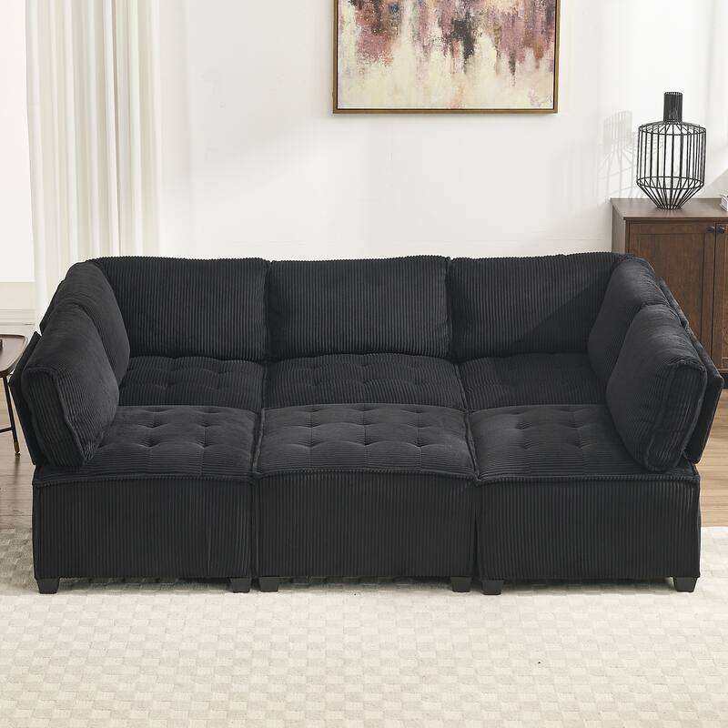 Ergonomic Lounge Modular Couch Corduroy Sectional Sofa with Deep Seat Ottoman Chaise and High-Rebound Thick Cushions - Black