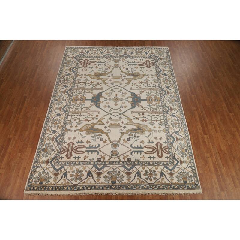 All-Over Ivory Oushak Indian Area Rug Hand-Knotted Wool Carpet - 8'11" x 12'0"