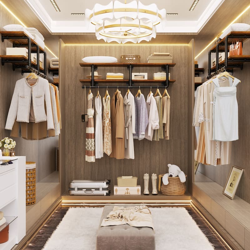 Floating Pipe Heavy-Duty Garment Rack, Wall-Mounted Closet Organizer with Storage Shelves