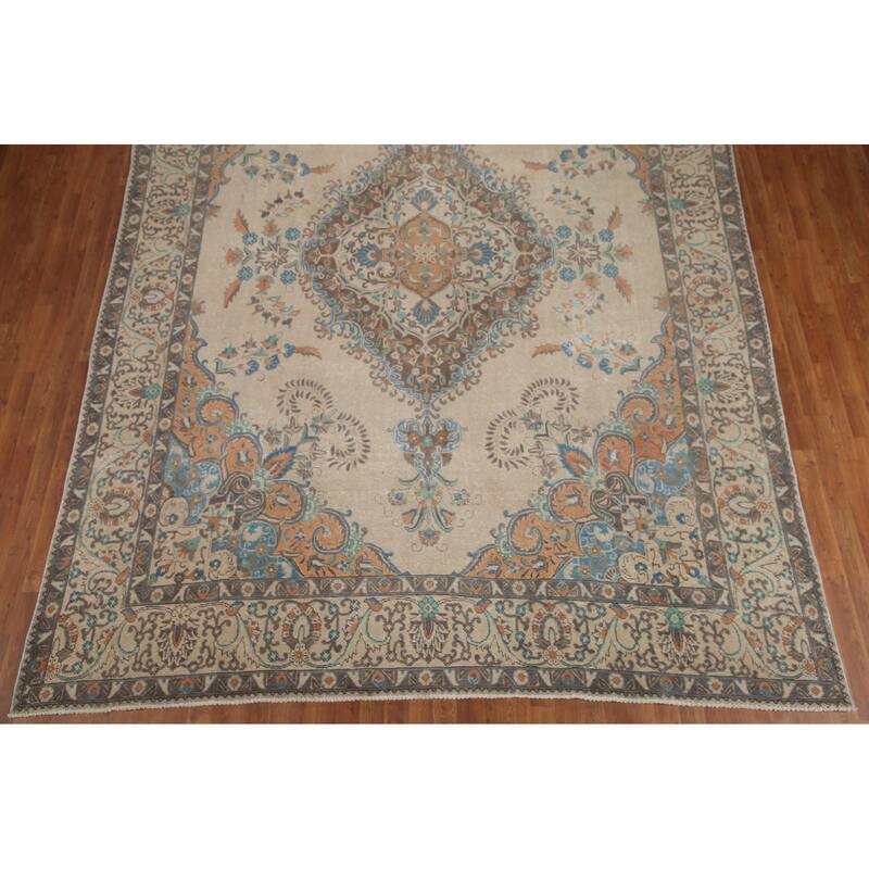 Hand Knotted Oriental 100% Wool Carpet Traditional Floral Beige & Ivories Tabriz Area Rug - 12' 11'' X 9' 6''