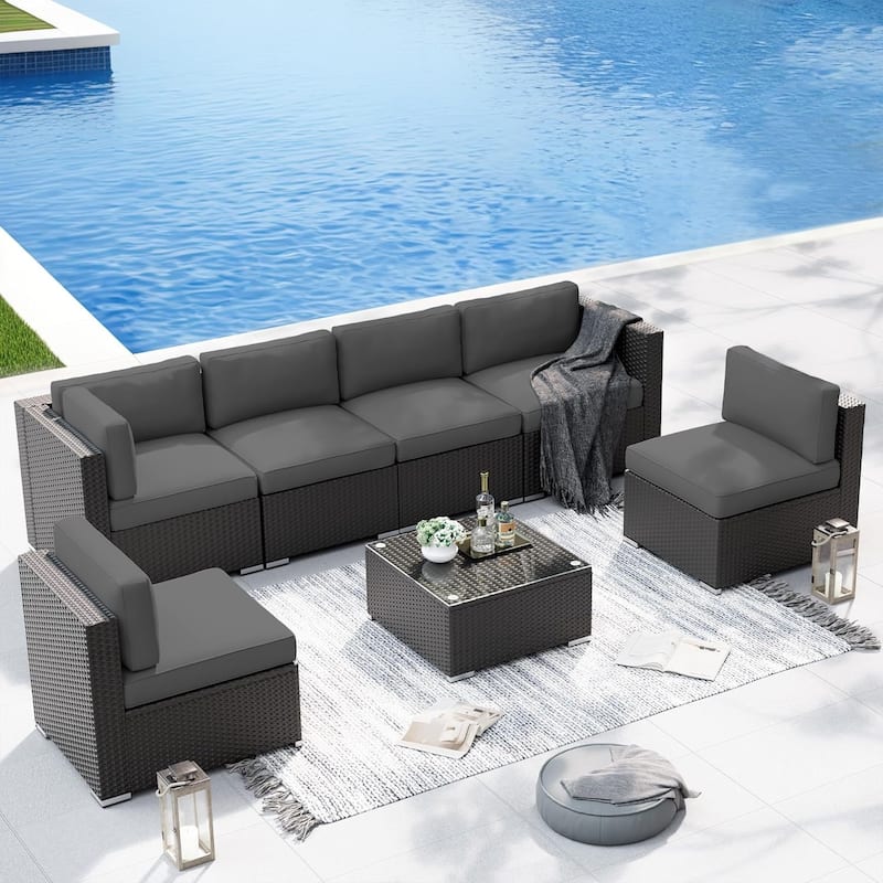 7-piece Outdoor Patio Black Wicker Rattan Cushioned Sectional Sofa Conversation Set by Havenside Home - Grey