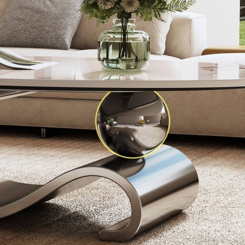 Modern Oval Faux Marble Coffee Table with Curved Stainless Steel Base