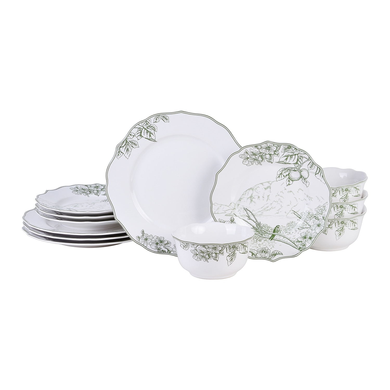 Hudson Valley 12-Piece Traditional Porcelain Green and White Dinnerware Set (Service for 4)