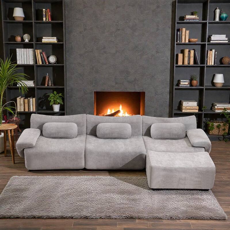 Modular Chenille Sofa Set with Armchair, Extra Large Deep Seat 3 Seater Compression Couch with Pillows