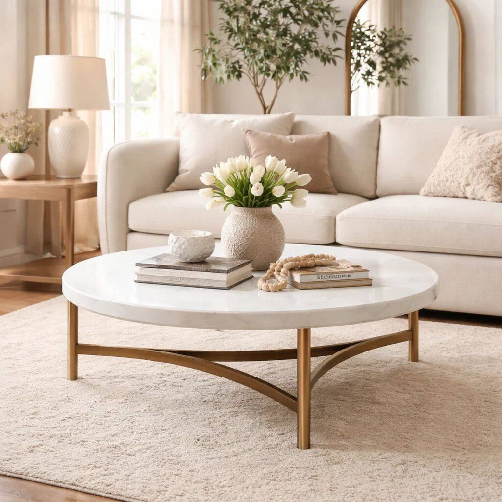 Leyu 46 Inch Round Coffee Table, White Concrete Top, Bronze Tripod Base