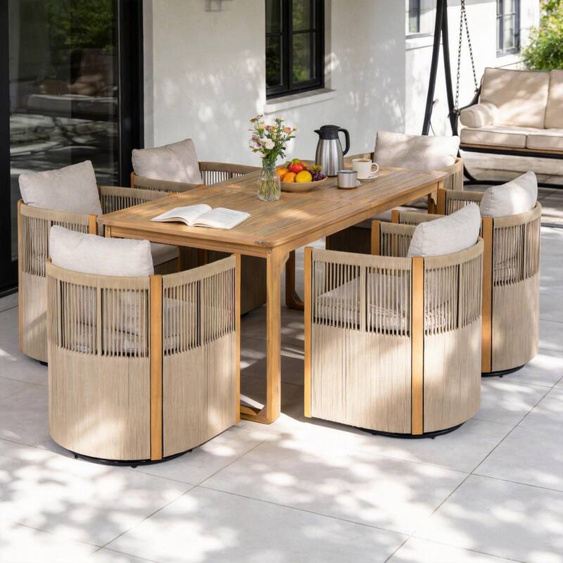 Christopher Knight Home - Ronan Outdoor Acacia Wood Dining Set with Swivel Rope Armchairs & Curved Leg Dining Table, Teak Finish