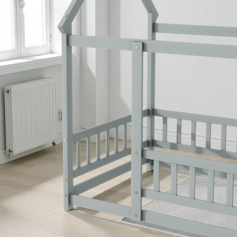 Twin Size Wooden House Floor Bed with Roof Frame and Safety Guardrails, Solid Rubber Wood Montessori Bed for Kids