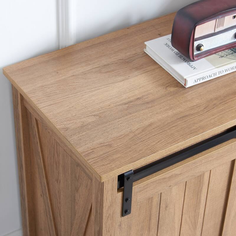 GDFStudio - Farmhouse Modern Sliding Barn Door Dresser with 5 Drawers and Adjustable Shelves