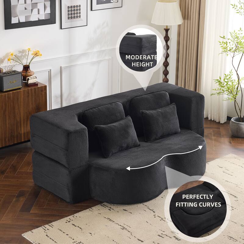 Folding Plush Futon Loveseat Couch Converts into Sleeper Sofa Bed or Yoga Mattress, High-Density Foam Queen Size Floor Bed