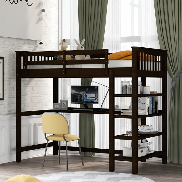 Wooden Twin Size Loft Bed with Storage Shelves and Under bed Desk