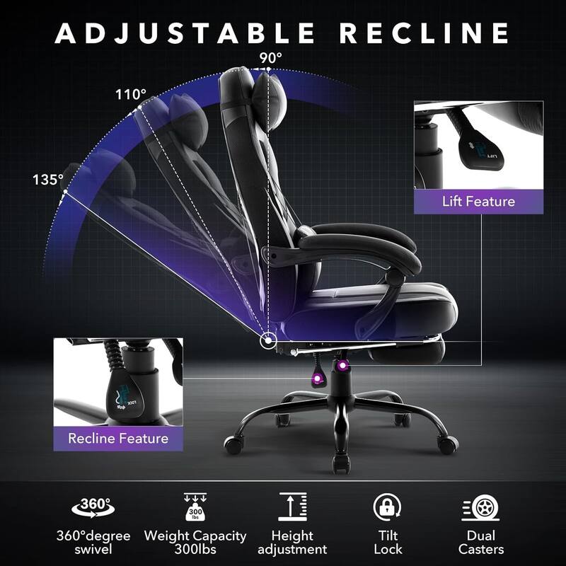 Office Gaming Chair with Footrest Adjustable Headrest for Gaming Working Relaxing