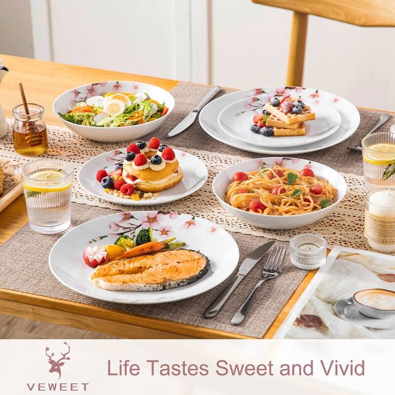 VEWEET Flower 18-Piece White Porcelain Dinnerware Set (Service for 6)