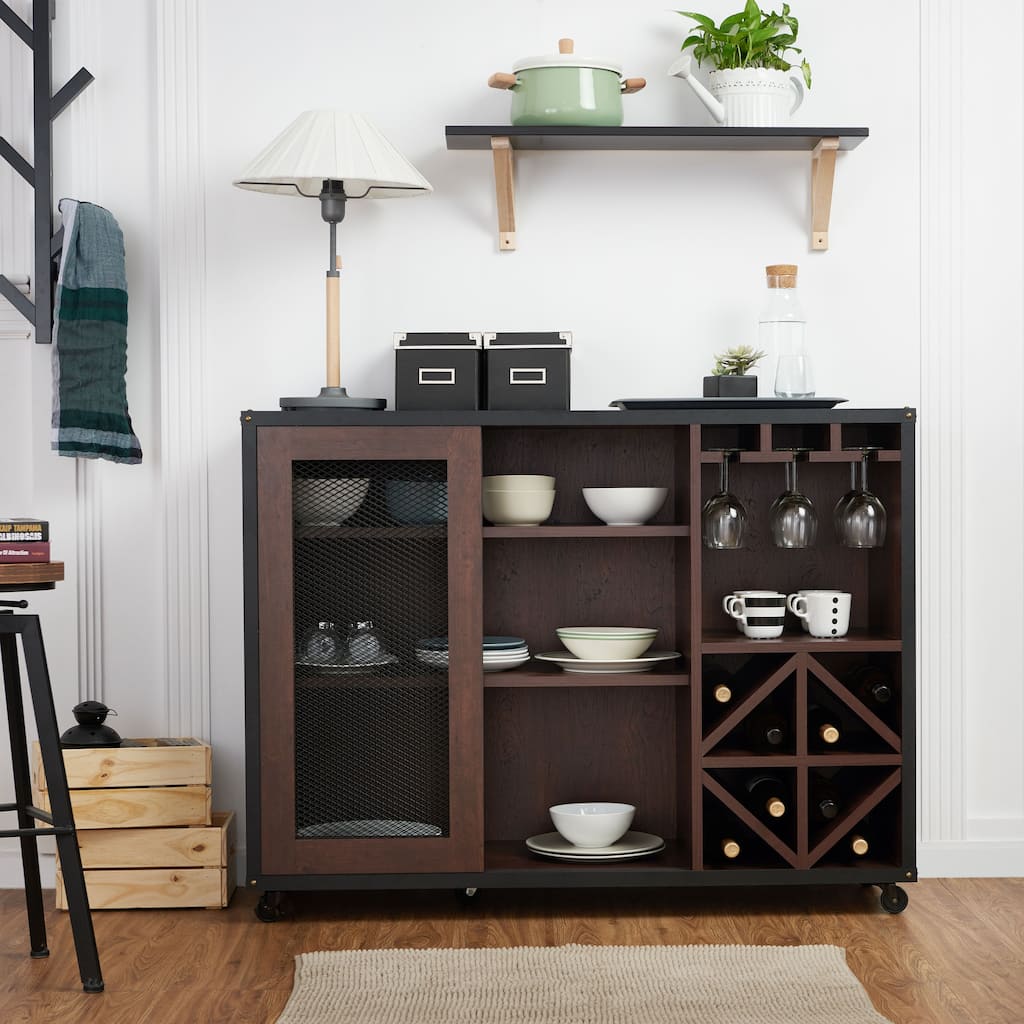 Furniture of America Hury Modern Walnut 47-inch 3-shelf Dining Buffet, Walnut Dining Sideboard with Wine Storage