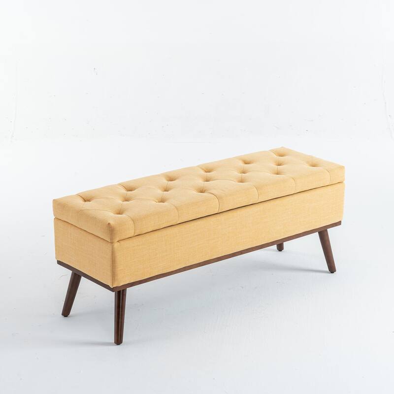 Linen Storage Ottoman Bench with Wood Legs, Upholstered Entryway Bench Tufted Mid Century Modern Ottoman Bedroom End of Bed - Mustard