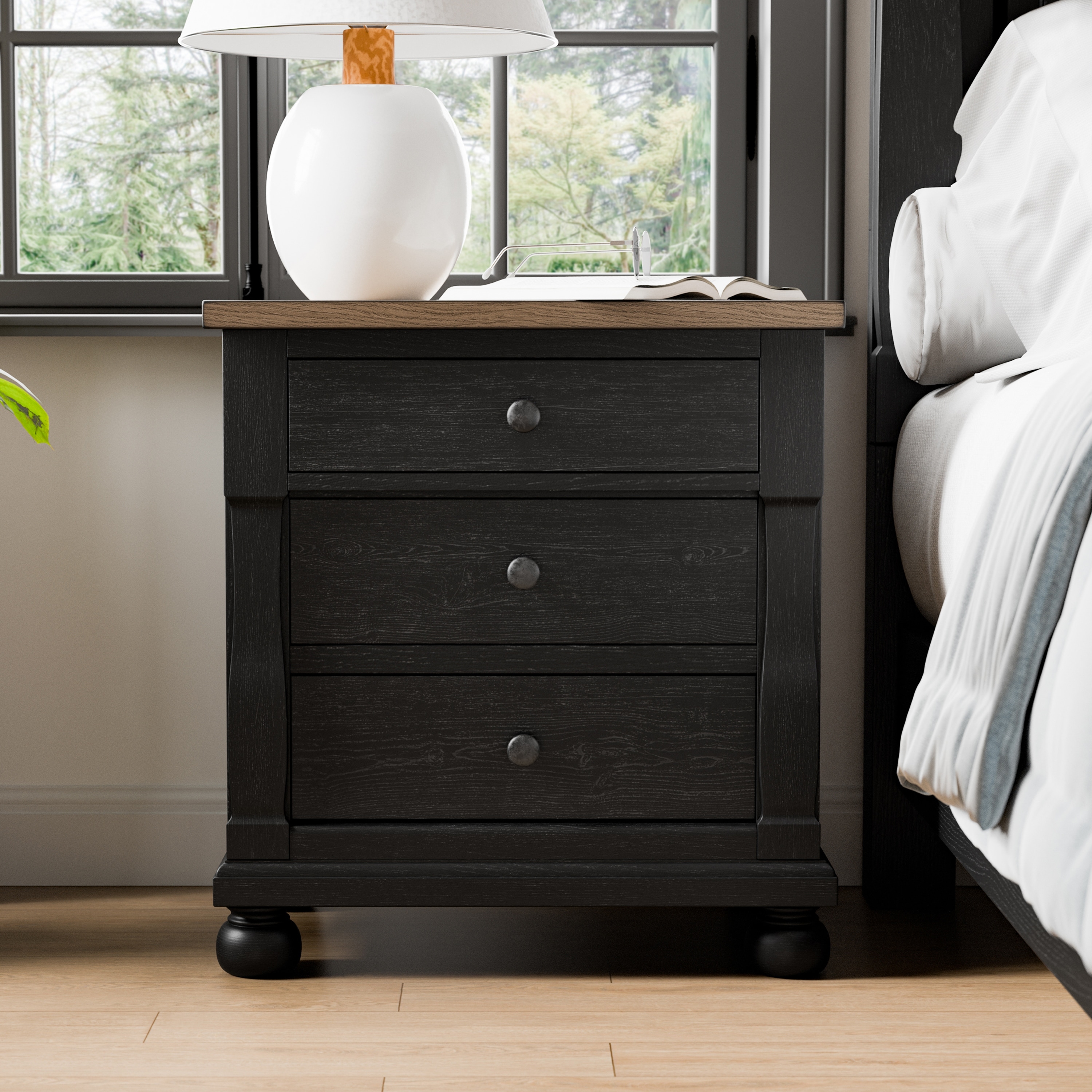 Furniture of America Lucan Farmhouse Black Solid Wood 3-Drawer Nightstand